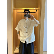 批发新中式盘扣立领<b class='q'>衬衫</b><b class='q'>男</b>提花暗纹肌理感短袖刺绣飞机扣中山装<b class='q'>衬衣</b>潮