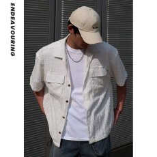 批发可乐生活夏季镂空日系宽松古巴领工装短袖<b class='q'>衬衫</b>文艺小众<b class='q'>休闲</b><b class='q'>衬衣</b><b class='q'>男</b>