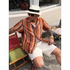 批发民族风镂空编织古巴领半截袖<b class='q'>衬衫</b><b class='q'>男</b>女复古夏季撞色设计感短袖<b class='q'>衬衣</b>