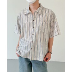 批发条纹<b class='q'>衬衫</b><b class='q'>男</b>短袖夏季新款日系复古潮牌设计感上衣情侣<b class='q'>衬衣</b>外套薄款