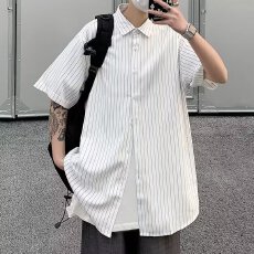 批发ins潮牌夏装新款<b class='q'>男</b>女短袖<b class='q'>衬衫</b><b class='q'>休闲</b>日系竖条纹时尚青少年宽松<b class='q'>衬衣</b>