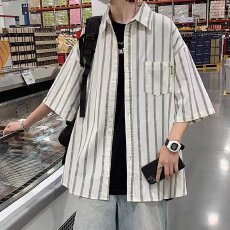 批发日系复古条纹<b class='q'>男</b>士短袖<b class='q'>衬衫</b>拼色潮流高街薄款<b class='q'>衬衣</b>盐系外套青年
