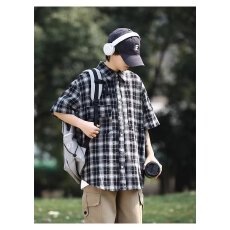 批发日系复古<b class='q'>休闲</b>运动服套装女夏季宽松慵懒格子<b class='q'>衬衫</b>短袖阔腿裤两件套