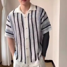 批发大码250斤日系竖条纹<b class='q'>衬衫</b><b class='q'>男</b>短袖2026薄款针织<b class='q'>休闲</b>POLO领半袖<b class='q'>衬衣</b>