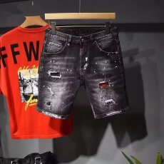 青年牛仔短裤男潮流时尚喷漆泼墨破洞补丁马裤黑色修身弹力五分裤