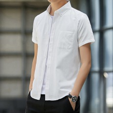 批发高档<b class='q'>商务</b><b class='q'>休闲</b>正装男士牛津纺纯色翻领短袖韩版修身潮流工装衬衫夏