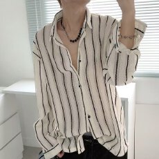 批发2026夏季拼色镂空条纹<b class='q'>衬衫</b>男设计感宽松休闲<b class='q'>衬衣</b>新款<b class='q'>长袖</b>上衣