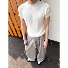 批发美式坑条肌理<b class='q'>修身</b>针织收袖口短袖男夏季cleanfit健身上衣内搭t恤