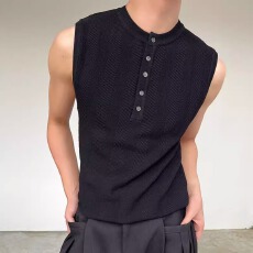 批发黑色亨利领坎肩背心男款夏季<b class='q'>修身</b>显肌肉无袖t恤美式健身运动汗衫