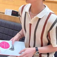 批发小香风镂空针织polo衫男撞色条纹<b class='q'>修身</b>短袖卫衣海鸥领网眼透视t恤