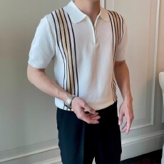 批发轻奢高级短袖Polo衫<b class='q'>男士</b>夏季半拉链<b class='q'>翻领</b>条纹透气休闲针织上衣<b class='q'>T</b><b class='q'>恤</b>