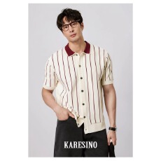 批发夏季新品<b class='q'>男士</b>复古针织短袖<b class='q'>t</b><b class='q'>恤</b>潮流条纹<b class='q'>翻领</b>开衫冰丝休闲半袖上衣