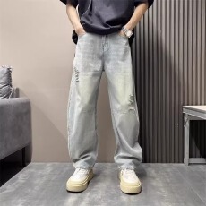 批发薄款破洞<b class='q'>牛仔裤</b>男阔腿裤潮牌痞帅大码宽松休闲裤青春流行<b class='q'>男生</b>长裤