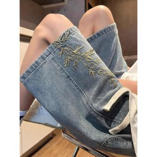 批发美式复古刺绣<b class='q'>牛仔</b><b class='q'>短裤</b><b class='q'>男</b>夏季薄款宽松国潮中式潮牌直筒五分裤中裤
