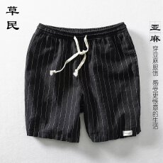 批发日系条纹沙滩裤休闲短裤<b class='q'>男裤</b>宽松夏天薄款透气五分裤直筒<b class='q'>棉麻</b>裤子