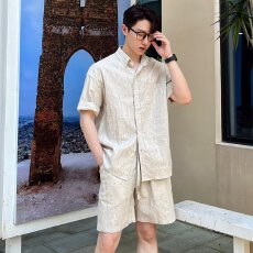 批发美式<b class='q'>棉麻</b>休闲运动套装男宽松工装短袖衬衫亚麻透气五分短裤两件套