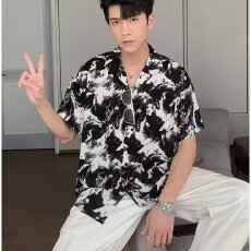 批发新款巴洛克雅痞风水墨短袖男士衬衫2026年<b class='q'>夏</b>季百搭宽松休闲男衬衣