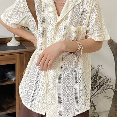 批发美式复古小众设计感古巴领镂空短袖衬衫男女宽松休闲薄款透气衬衣
