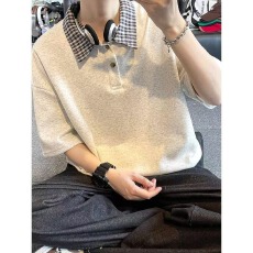 白灰色假两件千鸟格POLO衫短袖男款重磅正肩翻领t恤cleanfit半袖