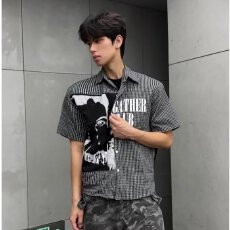 批发韩系ins小众格纹正肩短袖小衬衫男2026夏季新<b class='q'>潮</b>时尚休闲百搭上衣