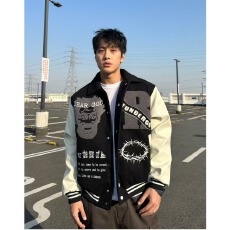 批发国潮字母棒球刺绣拼接外套撞色宽松复古休闲男女款夹克潮流