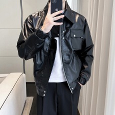 批发痞帅Pu皮衣小众设计感潮牌双拉链垫肩皮夹克男机车服秋冬高街外套