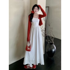 批发法式连衣裙早秋新款温柔风吊带长裙白色仙女裙超仙气质<b class='q'>开衫</b>两件套