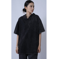 批发美式复古纯棉连帽短袖T恤水洗做旧宽松透气帽衫可定制<b class='q'>上衣</b>印logo