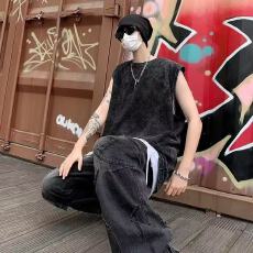 批发夏季做旧水洗背心男女宽松休闲ins潮打底外穿运动坎肩无袖T恤上衣