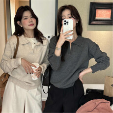 批发灰色翻领毛衣女内搭<b class='q'>针织</b>衫2026秋冬新款慵懒风POLO<b class='q'>打底衫</b>韩系上衣