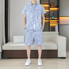 批发复古工装短袖衬衫男短裤套装<b class='q'>夏</b>季免搭一套潮牌扎染学生两件套