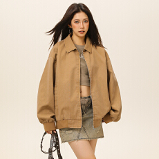 批发美式复古翻领拉链夹克外套女秋季宽松休闲百搭工装外套