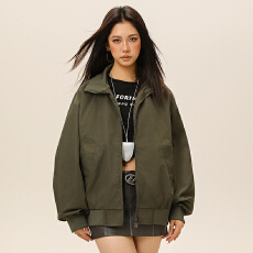 批发美式休闲立领夹克外套女秋季复古简约宽松百搭短款外套