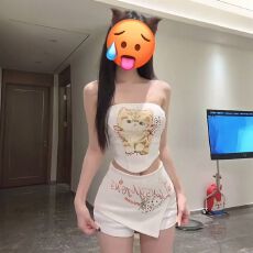 批发纯欲甜辣妹猫咪印花抹胸搭配拼接不对称裤裙女<b class='q'>秋</b>季修身显瘦两件套