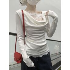 批发<b class='q'>不规则</b>蕾丝拼接露肩长袖T恤女装秋季新款内搭修身气质甜辣妹上衣