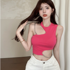 批发不规则设计感甜酷辣妹小众链条辣妹上衣修身显瘦<b class='q'>露</b><b class='q'>脐</b>短款小<b class='q'>背心</b>女