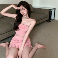 批发辣妹时尚套装女<b class='q'>夏</b>季新款字母烫钻抹胸上衣高腰抽绳半身裙两件套