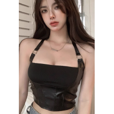 批发甜酷美背辣妹小众PU皮拼接短款挂脖吊带背心女夏外穿打底抹胸上衣
