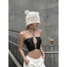 批发美式复古皮质抽绳镂空吊带挂脖背心女2026夏性感辣妹显瘦<b class='q'>短款</b>上衣