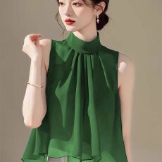 批发蓝色雪纺无袖衬衫女<b class='q'>夏季</b>2026新款设计感小众显瘦挂脖无袖短款上衣