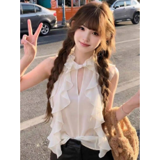 批发法式设计感荷叶边无袖圆领衬衫女夏季新款高级感气质修身显瘦上衣
