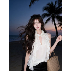 批发法式设计感荷叶边无袖圆领衬衫女夏季新款高级感气质修身显瘦上衣