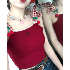 批发多巴胺小樱桃吊带背心女夏季新款泰式甜辣妹小众格<b class='q'>子</b>绑带花边上衣