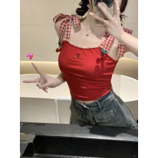 批发多巴胺小樱桃吊带背心女夏季新款泰式甜辣妹小众格<b class='q'>子</b>绑带花边上衣