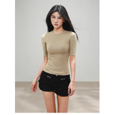 批发美式圆领正肩t恤女2026春夏设计感不撞款修身亲肤五分袖<b class='q'>中袖</b>上衣