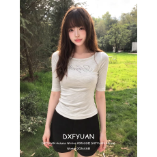 批发字母烫钻宽领白色短袖女夏季薄款修身五分袖<b class='q'>中袖</b>上衣独特绝美t恤