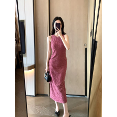 批发辣妹无袖玫粉色亮丝背心连衣裙女新款收腰显瘦气质打底长款包臀裙