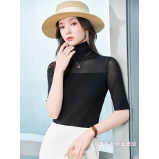 批发半高领网纱短袖t恤女春夏新款洋气小衫体恤黑色修身显瘦中袖上衣
