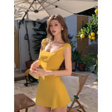 批发纯欲风黄色u领无袖连衣裙女夏季后背镂空收腰裙子辣妹修身a字短裙