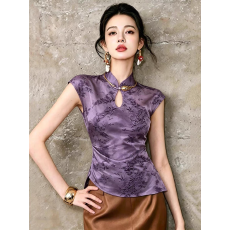批发复古新款<b class='q'>不规则</b>印花坎肩短袖t恤女夏新中式国风褶皱盘扣旗袍上衣